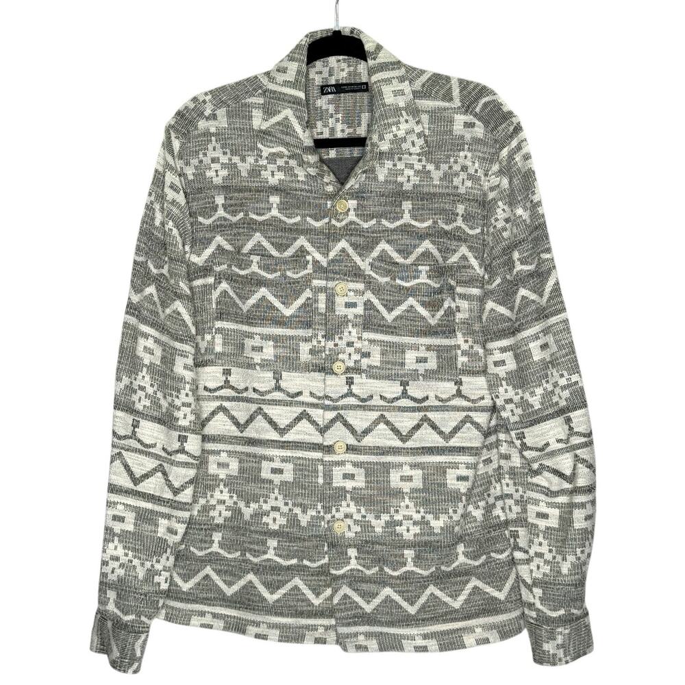 Zara Mens Grey Shacket Shirt Jacket Western Aztec Geometric Textured Medium